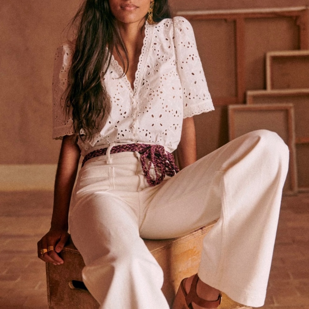 Sezane White Eyelet Lace Puff-Sleeve Blouse